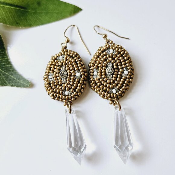 2/$27 | Gold + Crystal Shield Beaded Indigenous Hoop Earrings | Handmade - Picture 4 of 6